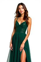 Load image into Gallery viewer, Dark Green Spaghetti Straps A-Line Long Formal Dress with Slit
