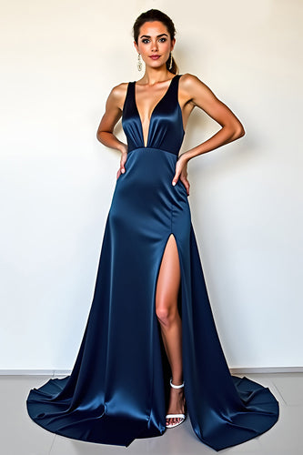Navy Deep V-Neck Long Satin Formal Dress with Slit