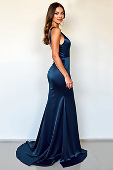 Navy Deep V-Neck Long Satin Formal Dress with Slit