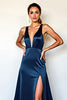 Load image into Gallery viewer, Navy Deep V-Neck Long Satin Formal Dress with Slit