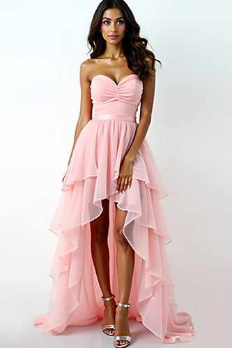 Blush Pink Sweetheart Ruffled A-Line High Low Formal Dress
