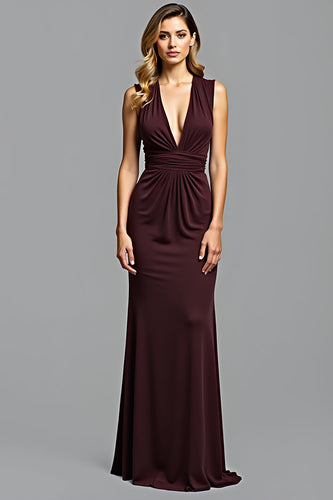 Cabernet Sheath Deep V-Neck Ruched Long Formal Dress
