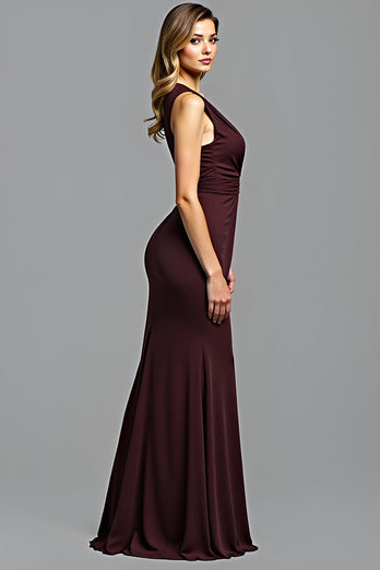 Cabernet Sheath Deep V-Neck Ruched Long Formal Dress