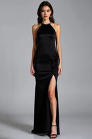 Load image into Gallery viewer, Black Halter Neck Mermaid Long Satin Formal Dress with Slit