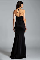 Load image into Gallery viewer, Black Halter Neck Mermaid Long Satin Formal Dress with Slit