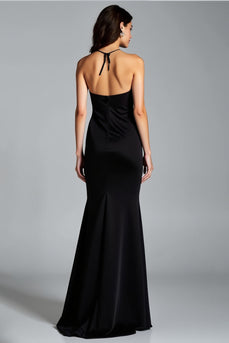 Black Halter Neck Mermaid Long Satin Formal Dress with Slit