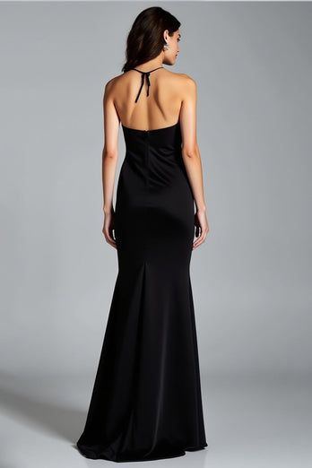 Black Halter Neck Mermaid Long Satin Formal Dress with Slit