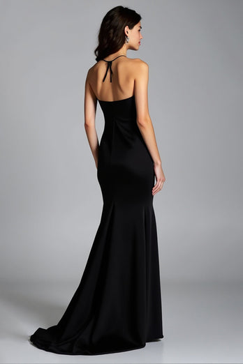 Black Halter Neck Mermaid Long Satin Formal Dress with Slit