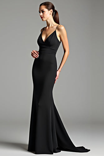 Black Spaghetti Straps Backless Satin Long Formal Dress