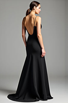 Black Spaghetti Straps Backless Satin Long Formal Dress