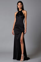 Load image into Gallery viewer, Black Halter Satin Long Mermaid Formal Dress with Slit