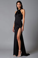 Load image into Gallery viewer, Black Halter Satin Long Mermaid Formal Dress with Slit