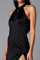 Load image into Gallery viewer, Black Halter Satin Long Mermaid Formal Dress with Slit