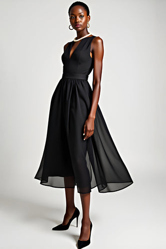 Black V-Neck A Line Tea Length Formal Dress
