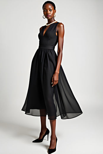Black V-Neck A Line Tea Length Formal Dress