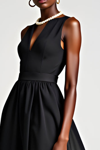 Black V-Neck A Line Tea Length Formal Dress