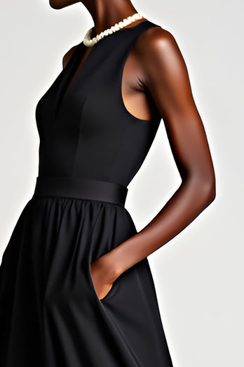 Black V-Neck A Line Tea Length Formal Dress