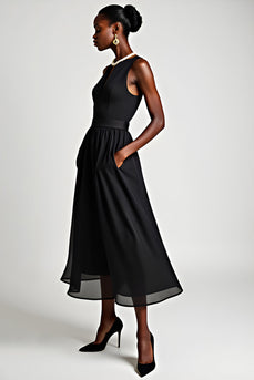 Black V-Neck A Line Tea Length Formal Dress