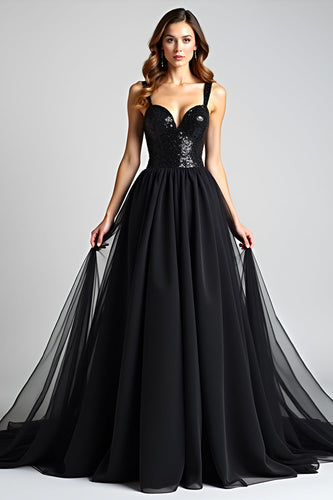 Black A Line Long Tulle Backless Formal Dress with Sequins