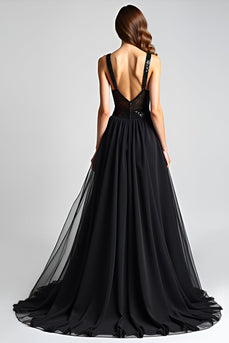 Black A Line Long Tulle Backless Formal Dress with Sequins