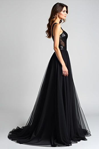 Black A Line Long Tulle Backless Formal Dress with Sequins
