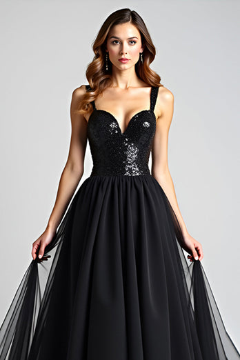 Black A Line Long Tulle Backless Formal Dress with Sequins