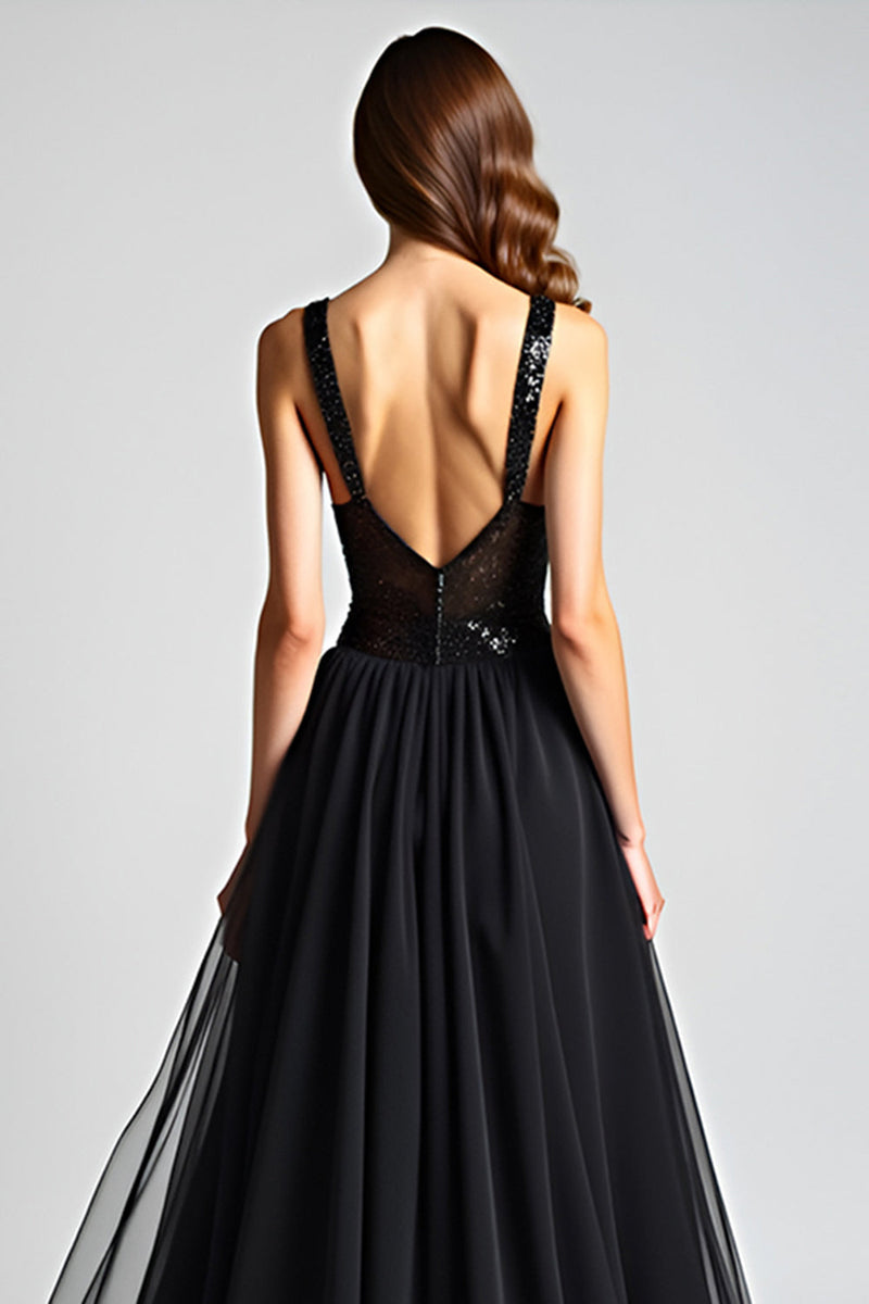 Load image into Gallery viewer, Black A Line Long Tulle Backless Formal Dress with Sequins
