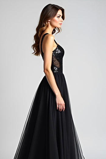 Black A Line Long Tulle Backless Formal Dress with Sequins