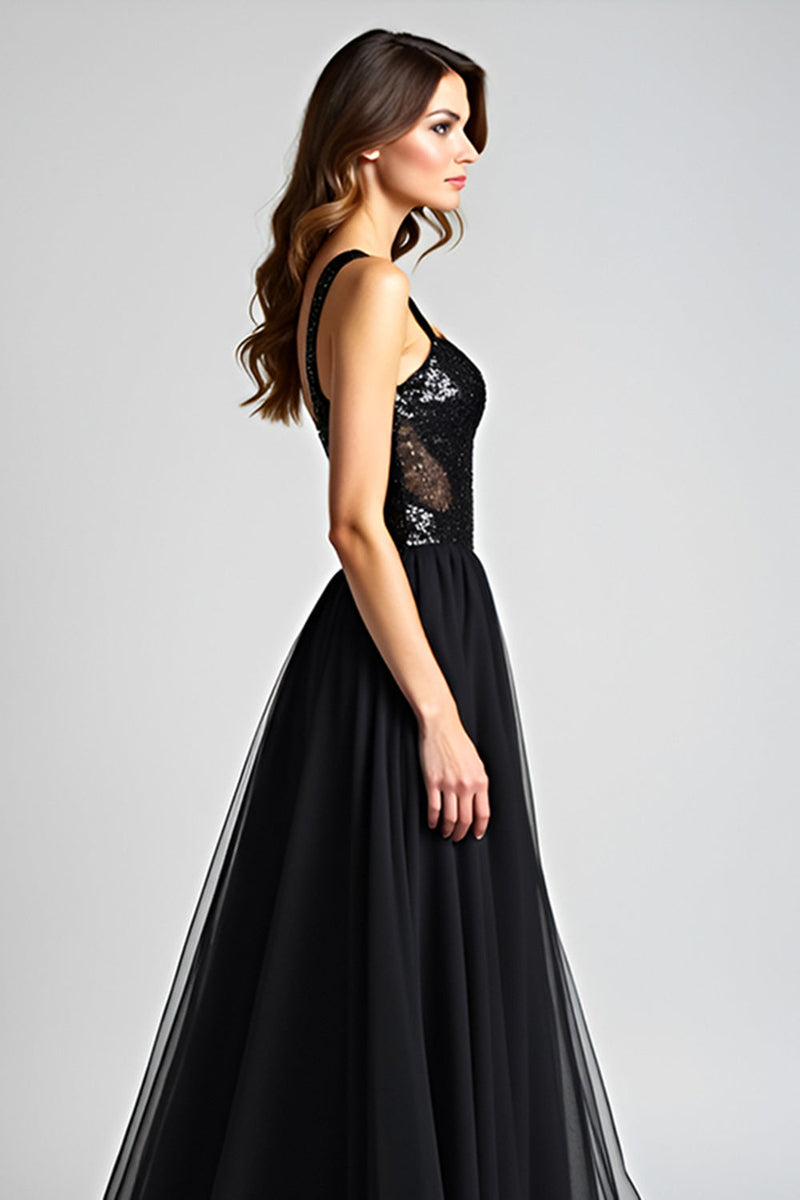 Load image into Gallery viewer, Black A Line Long Tulle Backless Formal Dress with Sequins