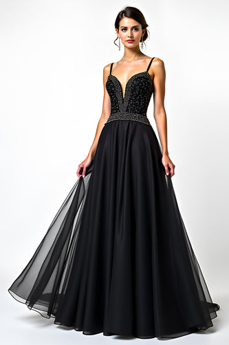 Black A Line Long Tulle Spaghetti Straps Formal Dress with Beading
