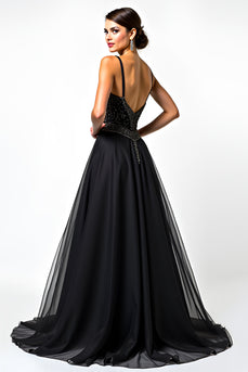 Black A Line Long Tulle Spaghetti Straps Formal Dress with Beading