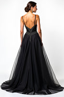 Load image into Gallery viewer, Black A Line Long Tulle Spaghetti Straps Formal Dress with Beading