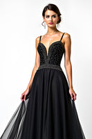 Load image into Gallery viewer, Black A Line Long Tulle Spaghetti Straps Formal Dress with Beading