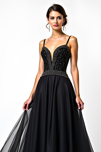 Black A Line Long Tulle Spaghetti Straps Formal Dress with Beading