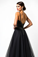 Load image into Gallery viewer, Black A Line Long Tulle Spaghetti Straps Formal Dress with Beading
