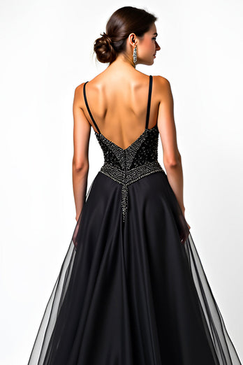 Black A Line Long Tulle Spaghetti Straps Formal Dress with Beading