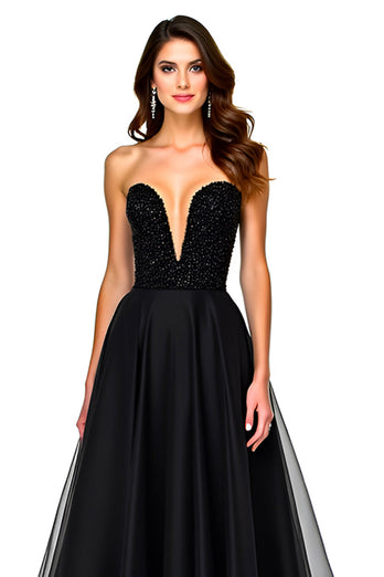 Black Sweetheart Tulle A-Line Long Formal Dress