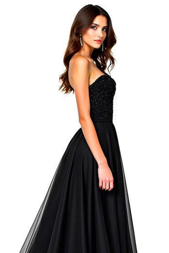 Black Sweetheart Tulle A-Line Long Formal Dress