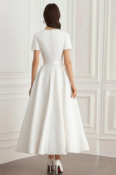 Ivory Scoop A Line Long Formal Dress with Short Sleeves