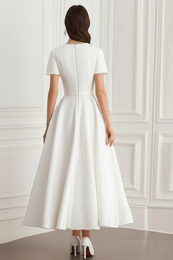 Ivory Scoop A Line Long Formal Dress with Short Sleeves