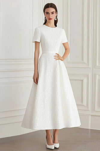 Ivory Scoop A Line Long Formal Dress with Short Sleeves