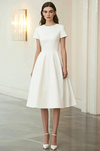 Ivory Round Neck A-Line Midi Formal Dress with Short Sleeves