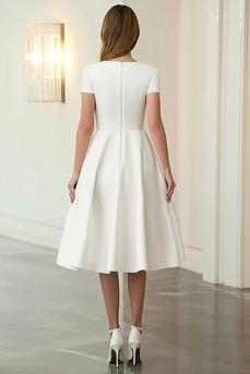 Ivory Round Neck A-Line Midi Formal Dress with Short Sleeves