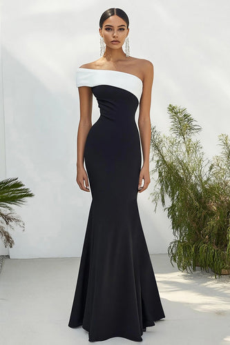 Black White One Shoulder Satin Mermaid Long Formal Dress