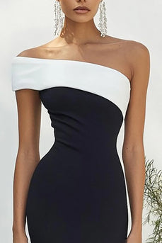Black White One Shoulder Satin Mermaid Long Formal Dress