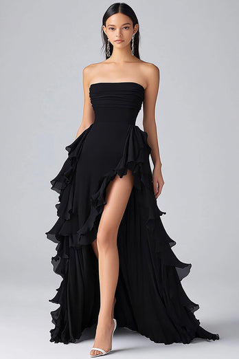 Black Chiffon A Line Tiered Strapless Formal Dress with Slit