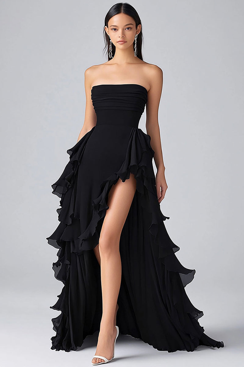 Load image into Gallery viewer, Black Chiffon A Line Tiered Strapless Formal Dress with Slit