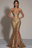 Load image into Gallery viewer, Sparkly Gold Sweetheart Mermaid Long Sequin Formal Dress with Slit