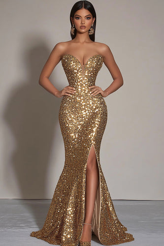 Sparkly Gold Sweetheart Mermaid Long Sequin Formal Dress with Slit