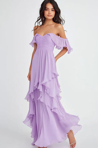 Lilac Off the Shoulder Chiffon Ruffled A-Line Formal Dress